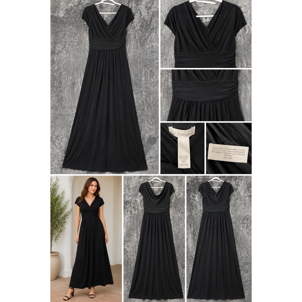 Soma Black Maxi Dress Medium Surplice Neck Cowl Back Empire Waist Stretch Knit
